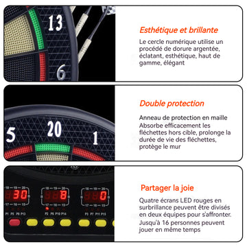 ible de fléchettes 44 x 50,5 cm 4 écrans LED Score automatique 270 types de jeux Invites vocales en anglais Jeu de fléchettes